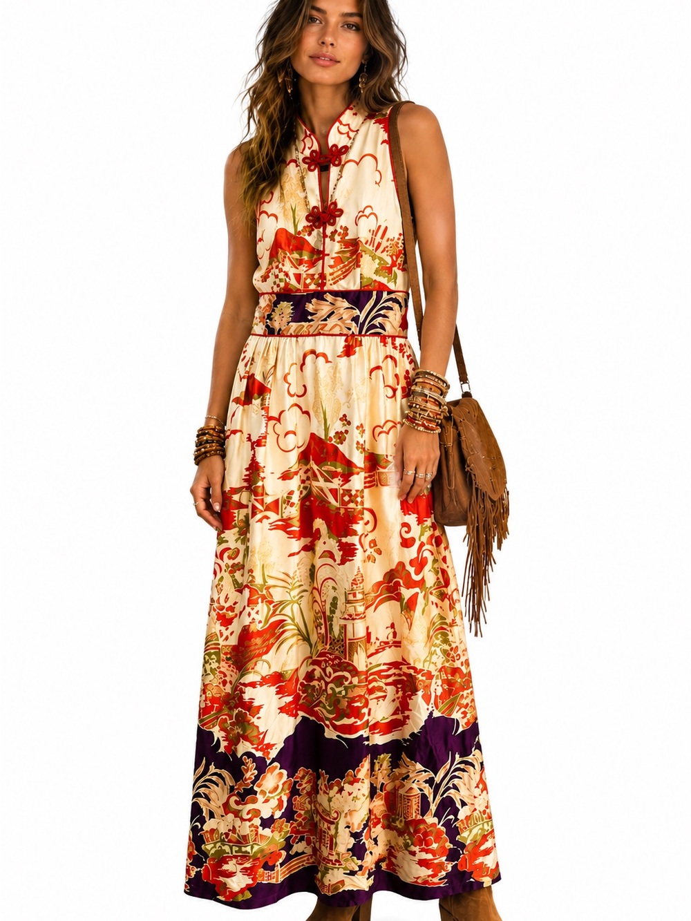 Chinoiserie Print Sleeveless Dress Mandarin Collar Frog Closures Unbranded